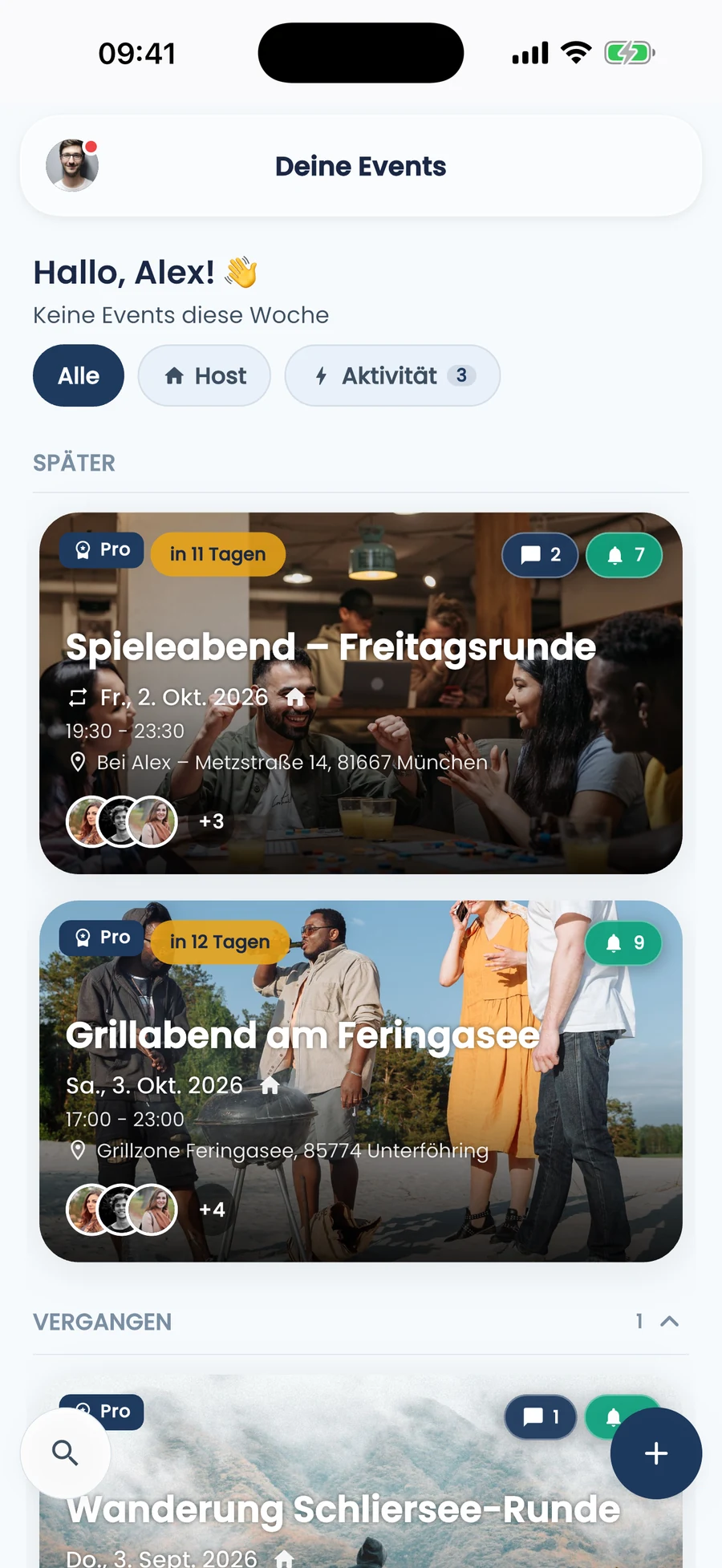 Echte huddl-App mit der Übersicht über anstehende Events